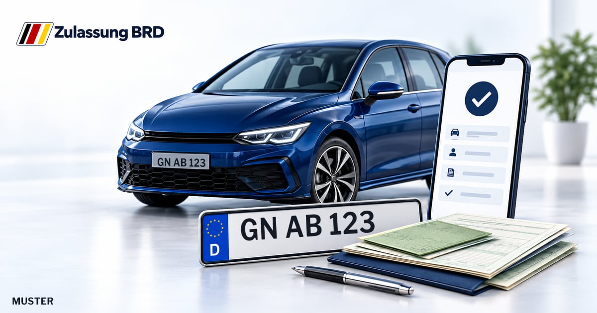 Online Fahrzeugzulassung in Großkrotzenburg: Musterkennzeichen GN AB 123, Auto und Fahrzeugpapiere und Smartphone. Illustration mit Logo von Zulassung BRD.